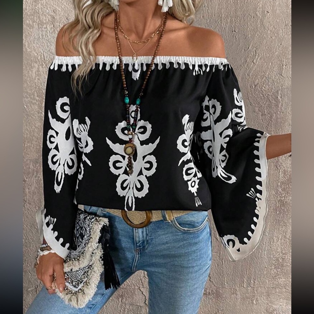 Boho floral print off shoulder blouse - Picture 5 of 6
